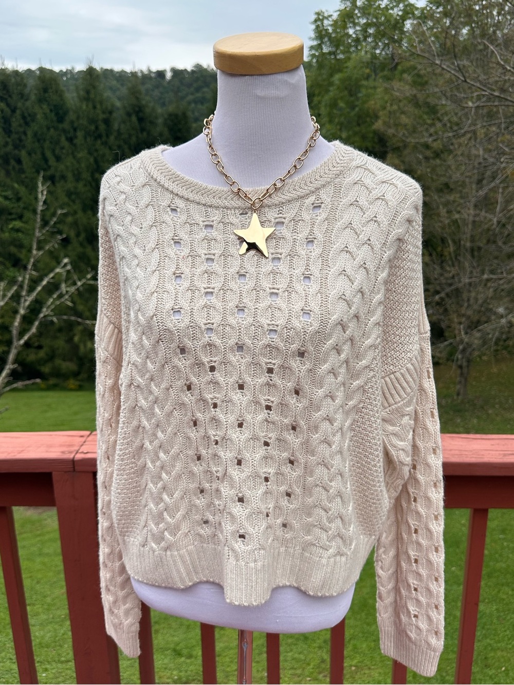 Spiritual Gangster Alpaca Wool Cream Cable Knit Scoop Neck Sweater